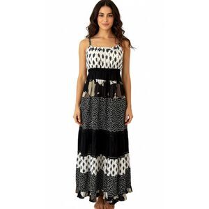 Magic Black & White Floral Patchwork Halter Smocked Maxi Dress Size Medium